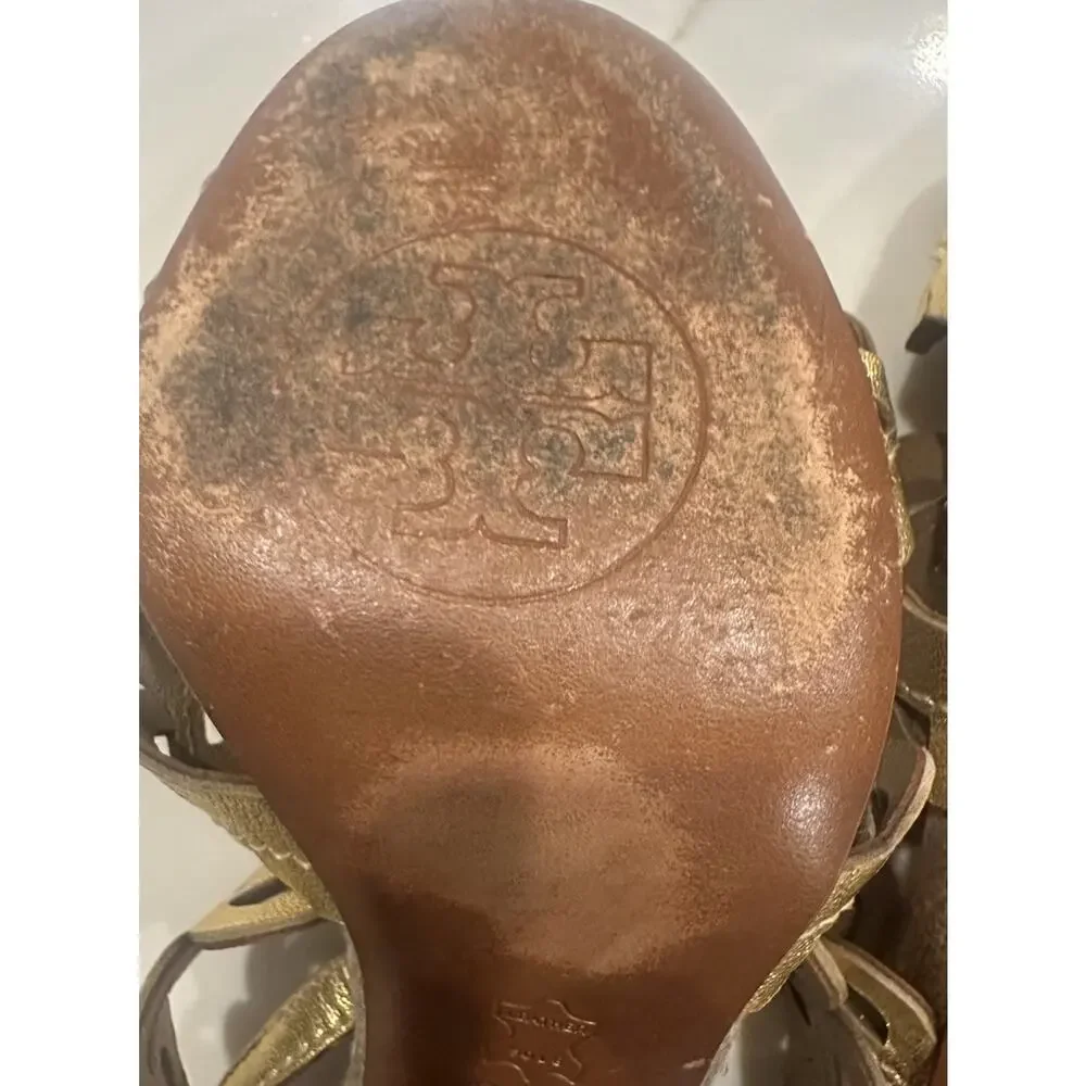 TORY BURCH Gold Cutout Laser Cut Leather Heel- 9.5M